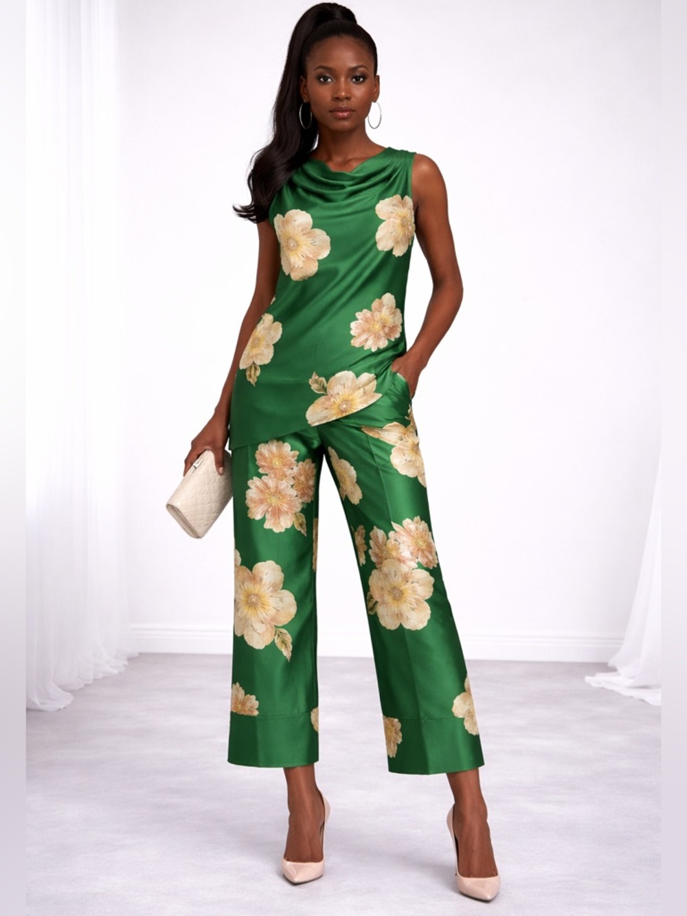 Floral Satin Wide-Leg Pants Set in Green